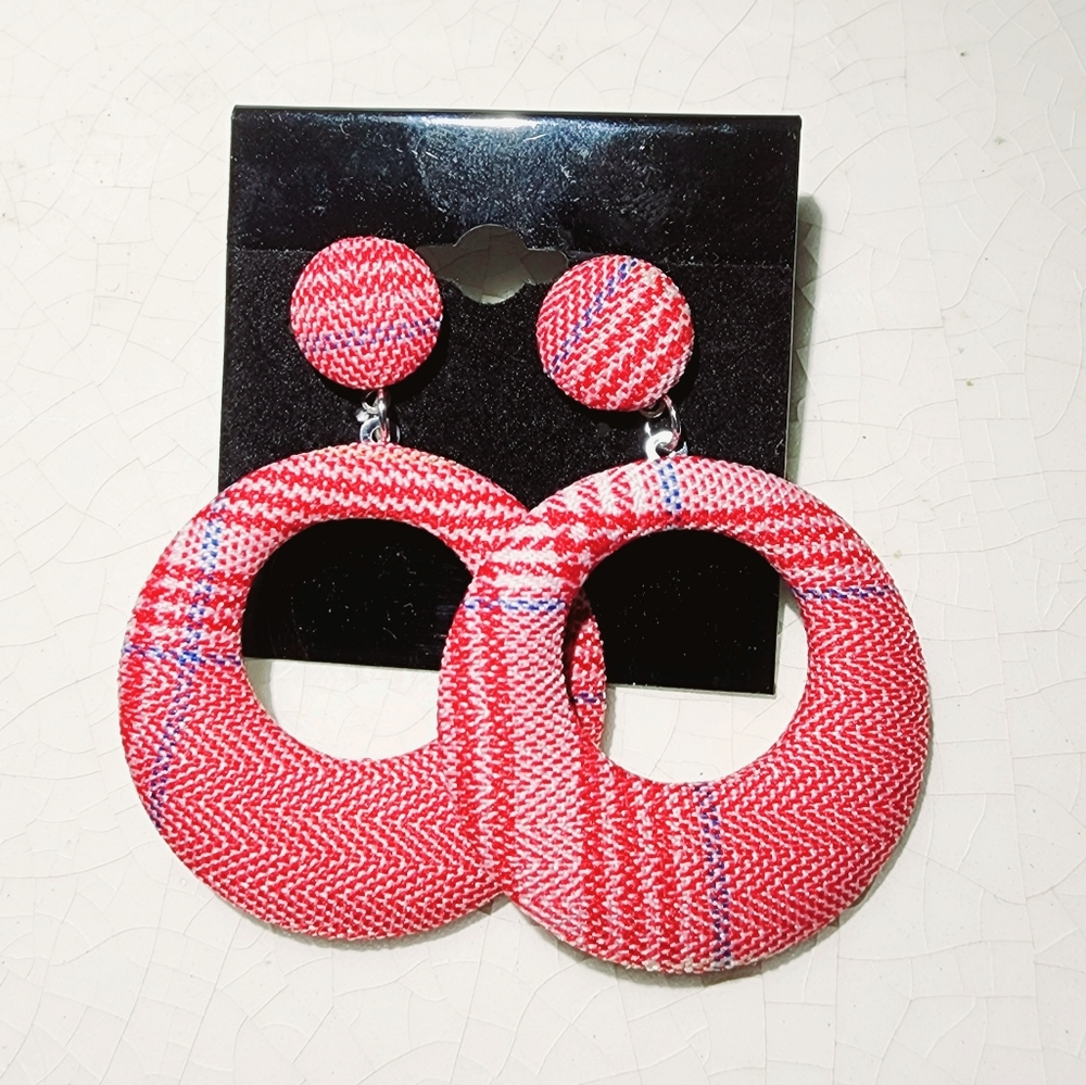 Round circle red plaid with hints of blue Bohemian earrings Clueless vibes